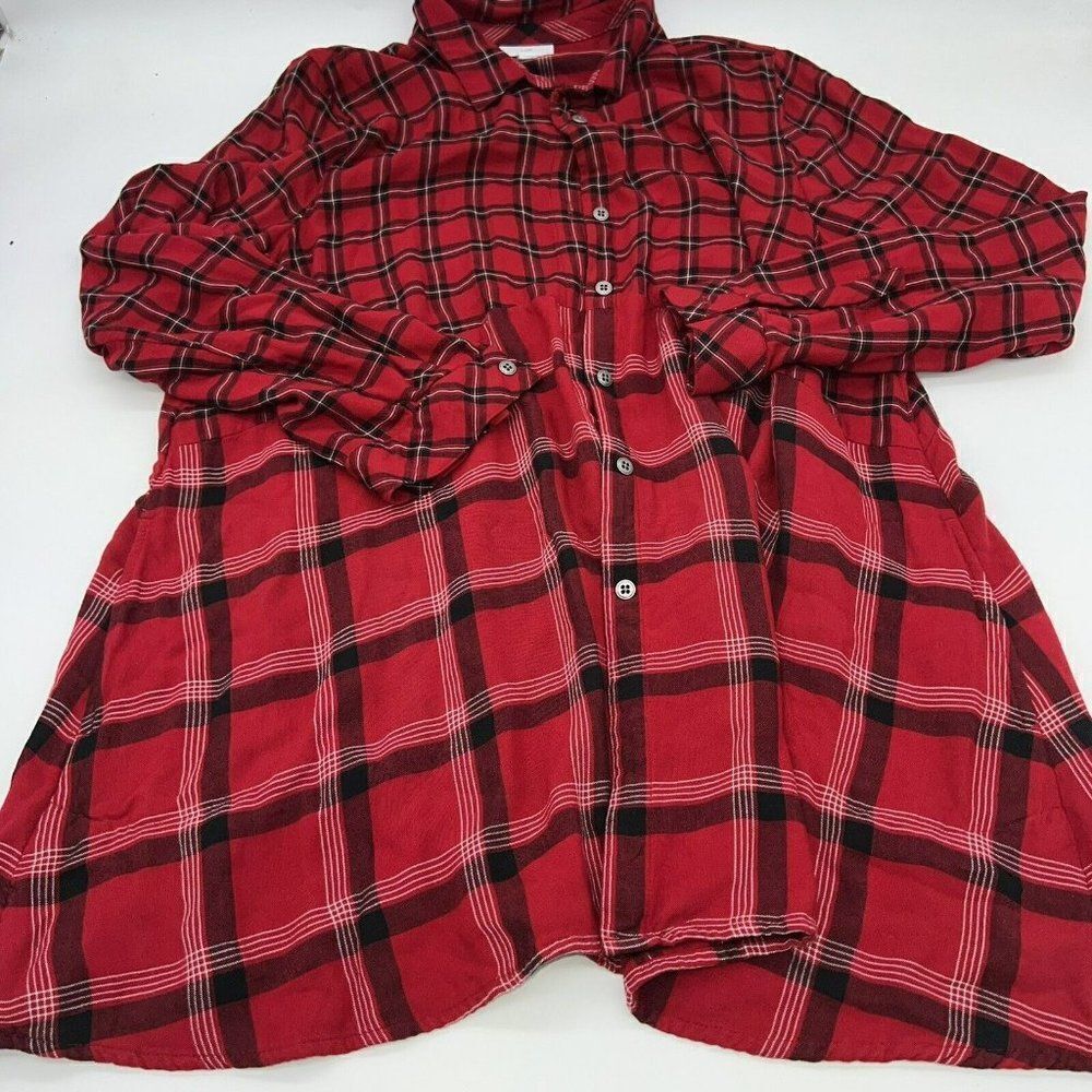 J. Jill Petite Mixed Plaid Double Cloth Tunic Shirt Blouse Red Black Size PL